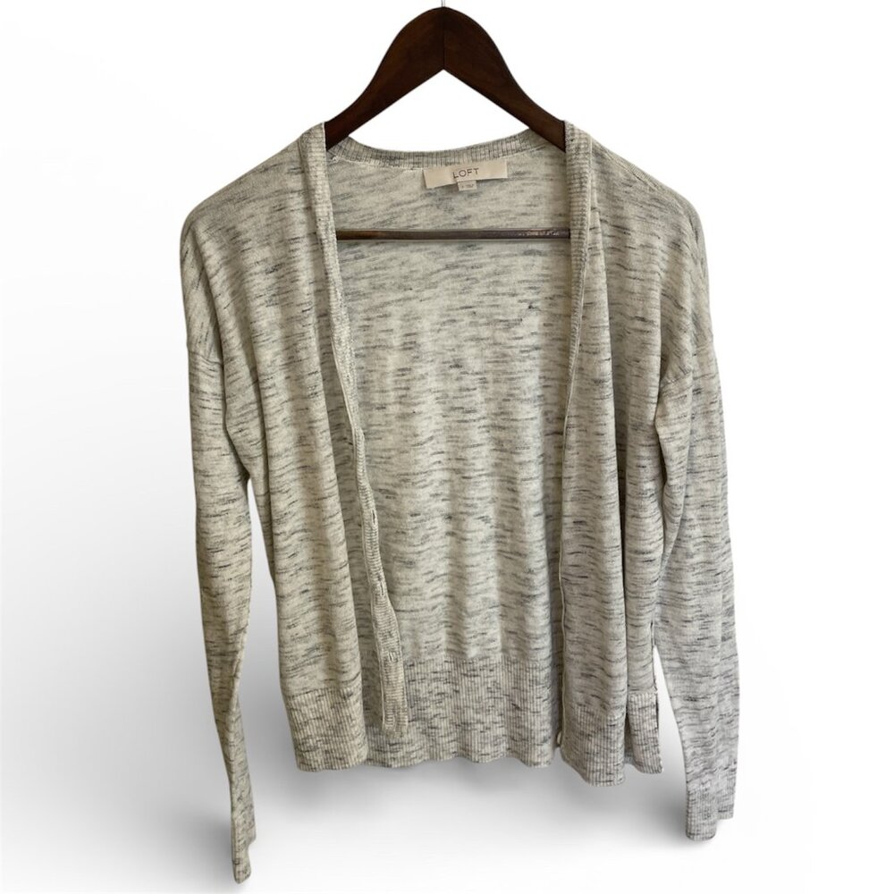 LOFT Grey & White Button Down Cardigan – Soft Neutral Layering Sweater – Small